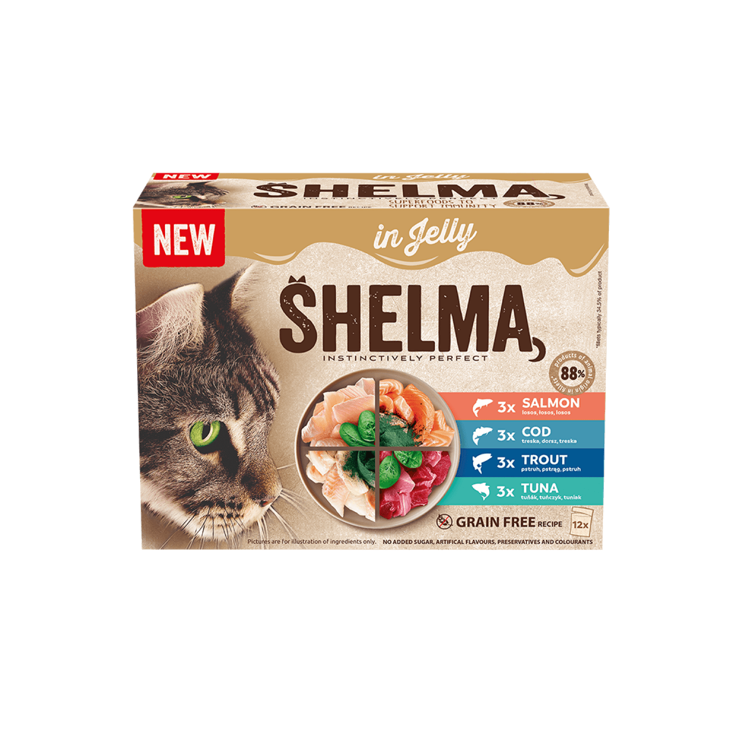 Shelma kassieined kalaga zelees 12x85g lõhe,forell,tursk,tuunikala zelees