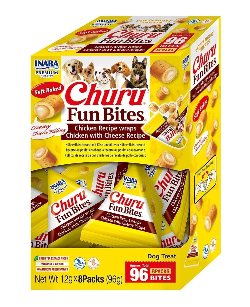 Inaba Churu Dog Fun Bites Chicken Recipe wraps Chicken with Cheese Recipe 8x12g