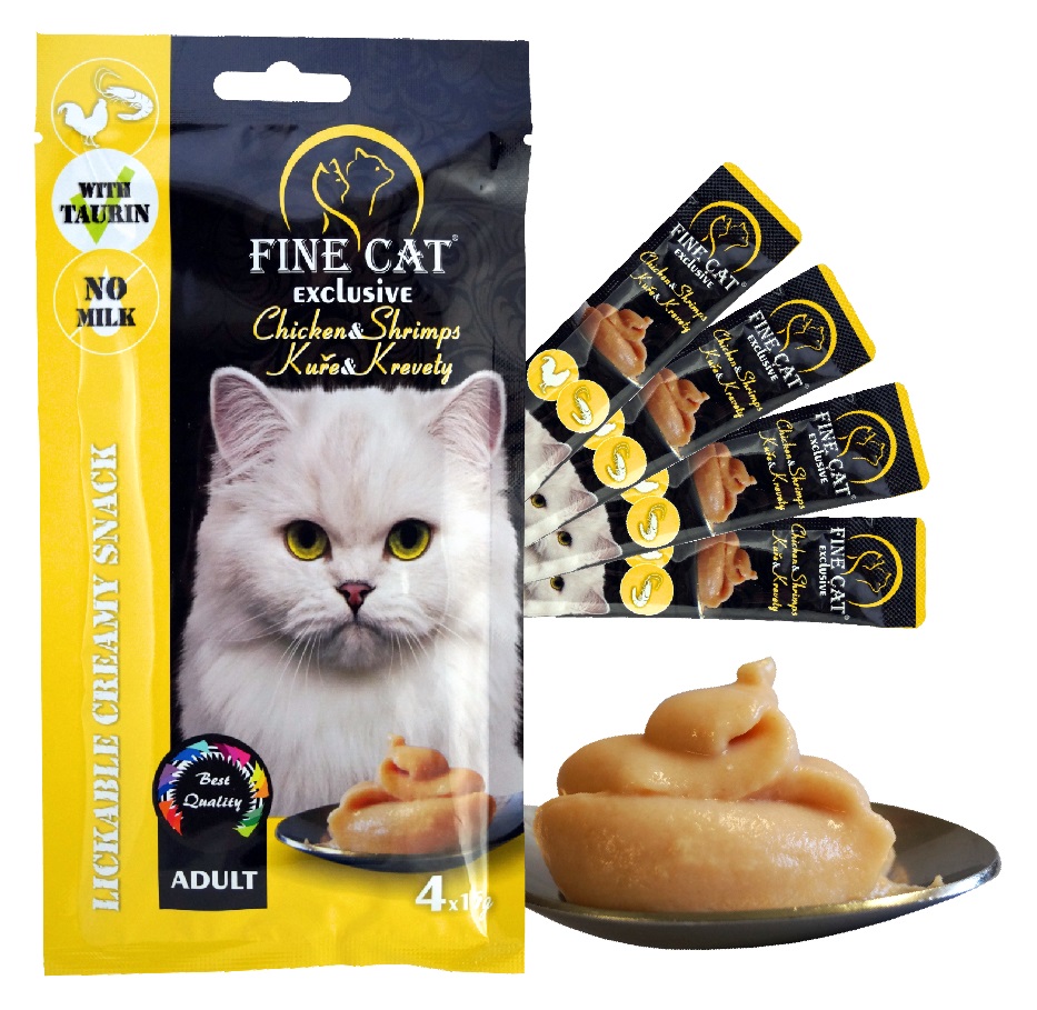 FINE CAT Exclusive KANA JA KREVETI Kreemjas suupiste kassidele .4x15g