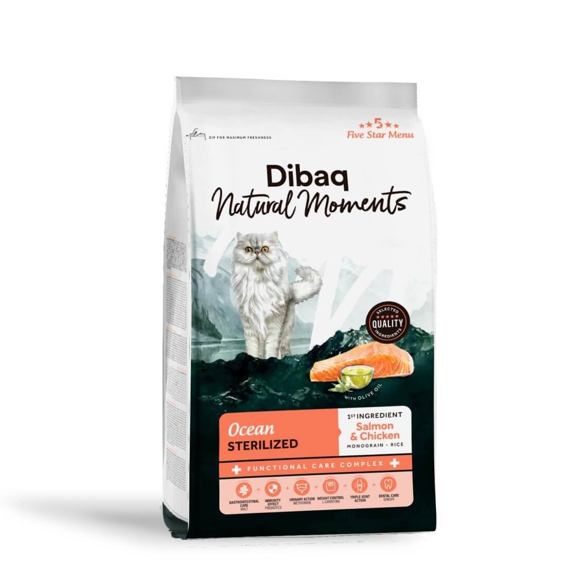 Dibaq Natural Moments 5 Star Sterilized kana ja lõhega kassitoit 1,5kg