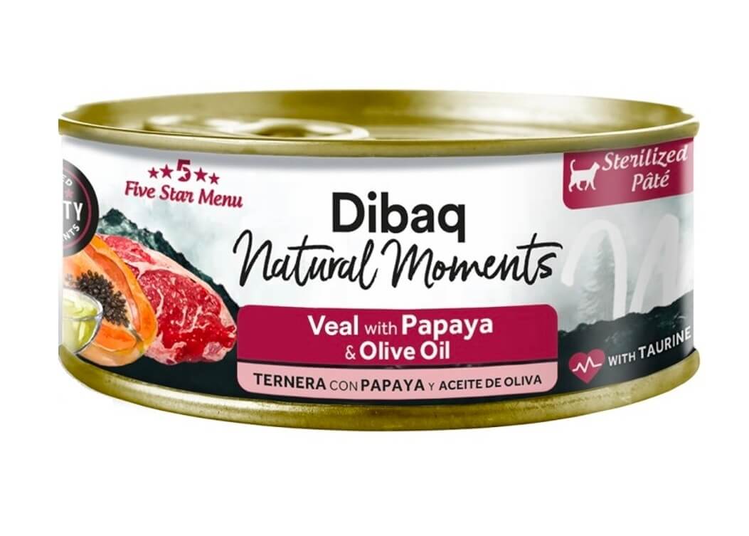 Dibaq Natural Moments 5 Star veise ja papaia konserv steriliseeritud kassile 70g