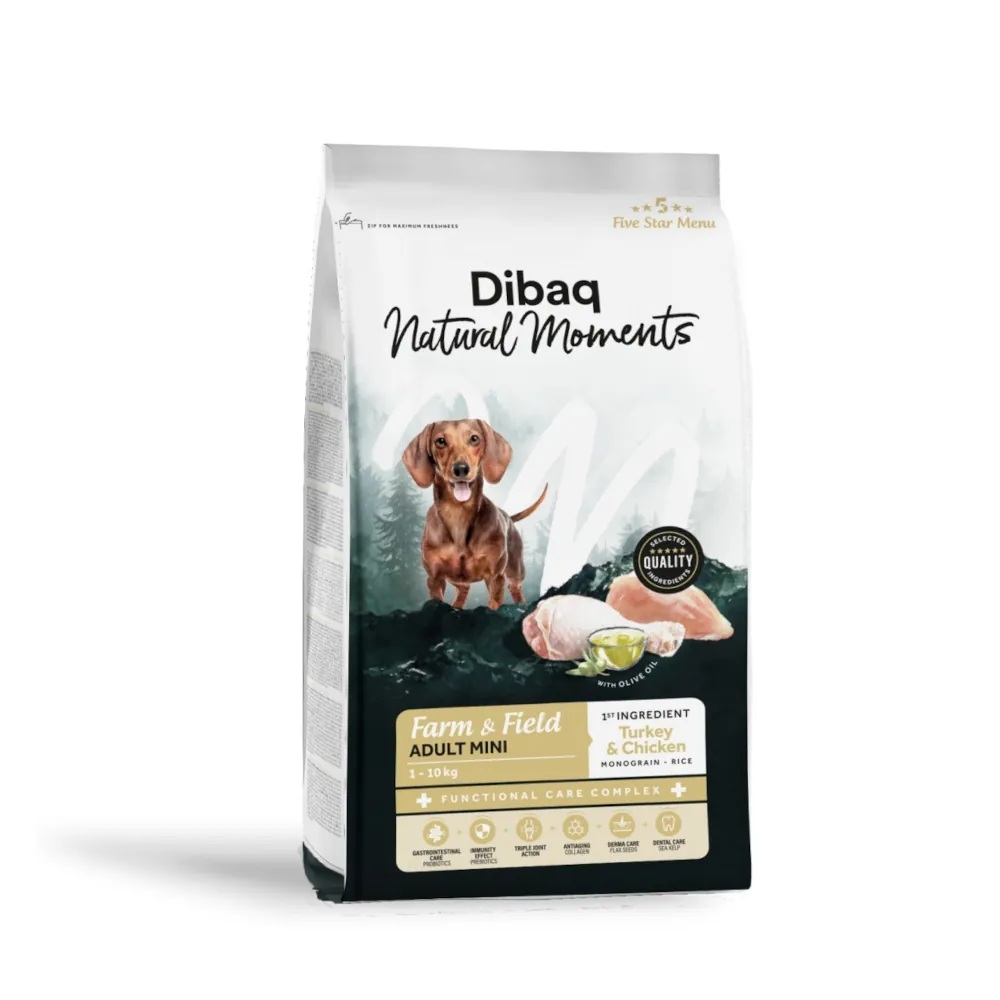 Dibaq Natural Moments 5 Star Mini Adult kalkuni ja kanaga väikest tõugu koeratoit 2kg