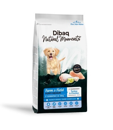 Dibaq Natural Moments 5 Star Medium Puppy kalkuni ja kanaga keskmist tõugu kutsikatoit 2kg