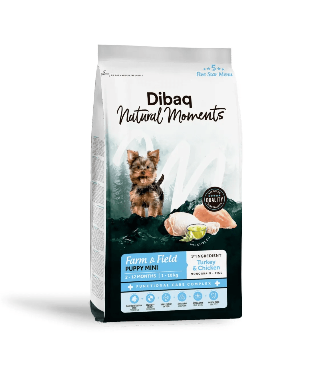 Dibaq Natural Moments 5 Star Mini Puppy kalkuni ja kanaga väikest tõugu kutsikatoit 2kg