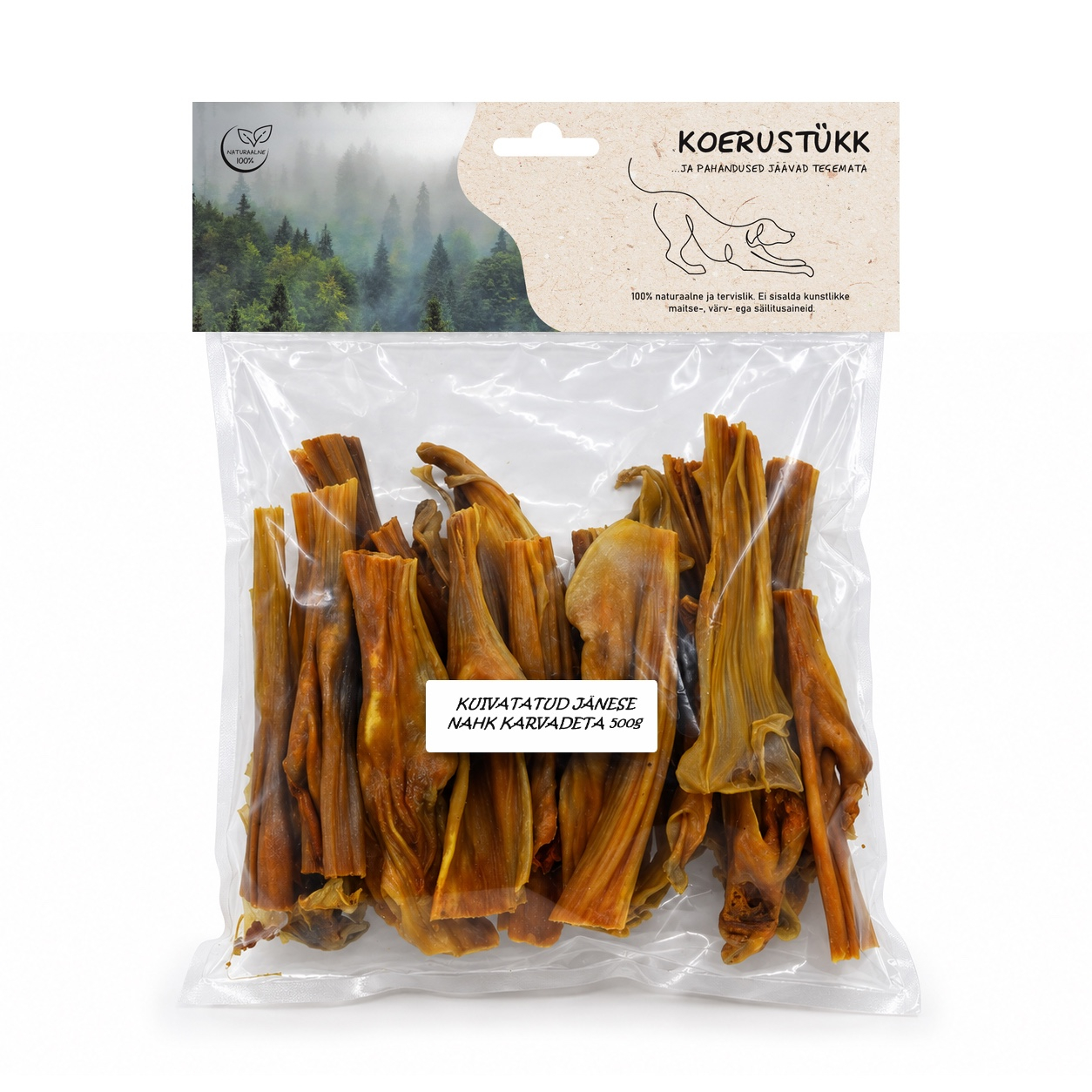 Koerustükk kuivatatud jänese nahk koerale 500g