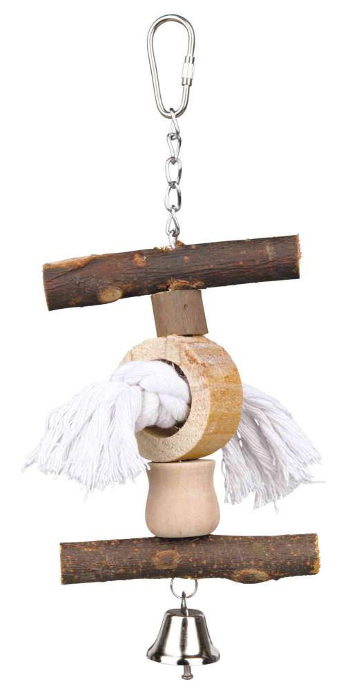 Toy with chain, rope and bell, bark wood, 20 cm