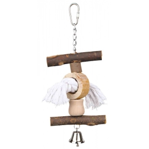 Toy with chain, rope and bell, bark wood, 20 cm