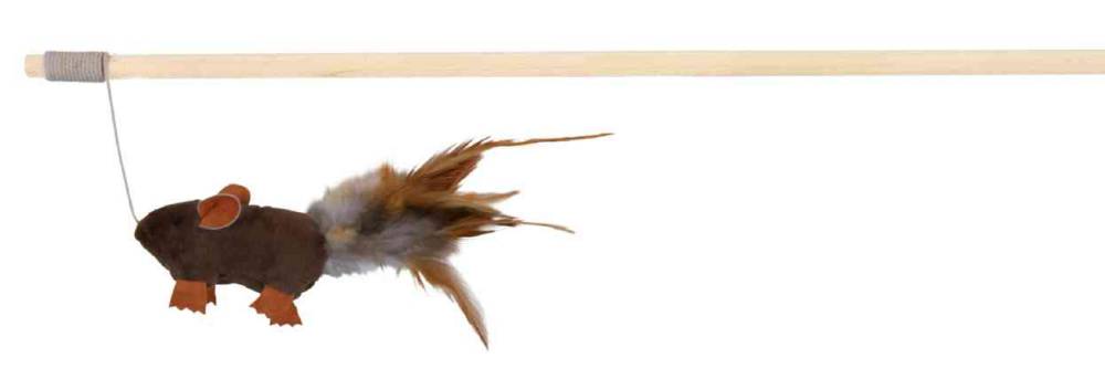 Playing rod with mouse & feather, wood/plush, catnip, 50 cm