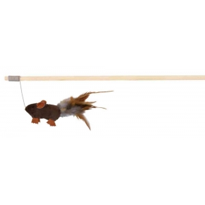 Playing rod with mouse & feather, wood/plush, catnip, 50 cm