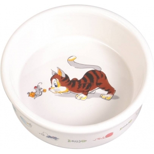 Bowl, comic cat with mouse, ceramic, 0.2 l/ø 12 cm, white