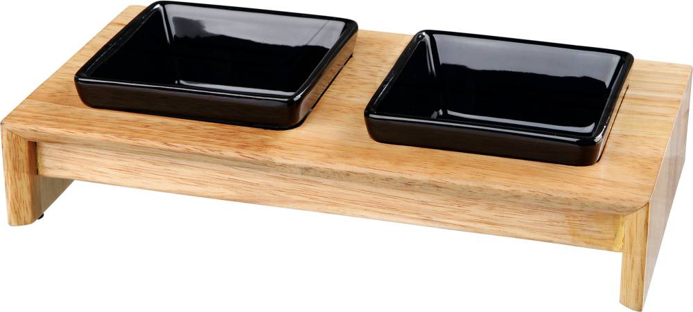 Bowl set, ceramic/wood, 2 × 0.2 l/10 cm/28 × 5 × 15 cm, bowls: black