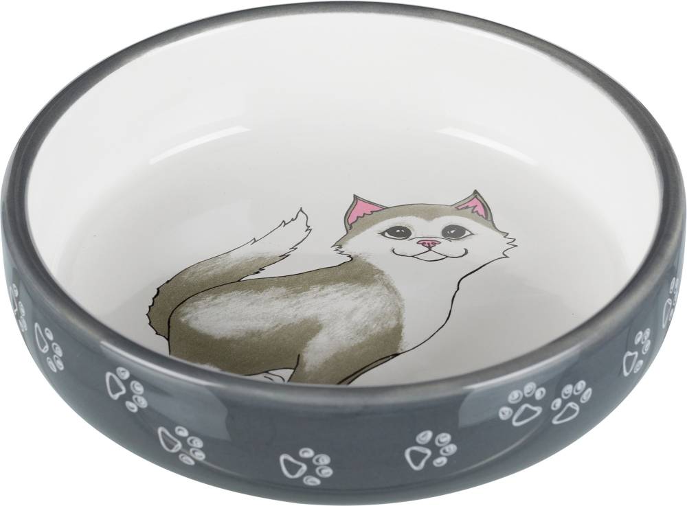 Bowl, flat, cat/paws, ceramic, 0.3 l/ø 15 cm, grey/white