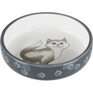 Bowl, flat, cat/paws, ceramic, 0.3 l/ø 15 cm, grey/white