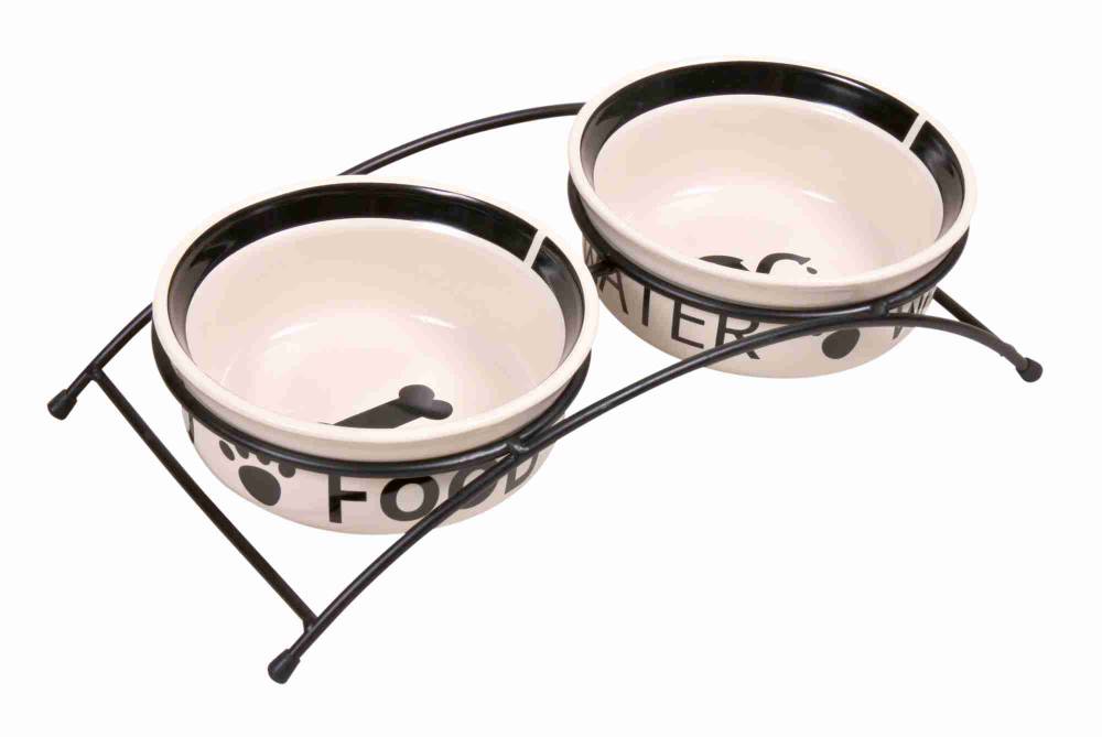 Food/Water bowl set, ceramic/metal, 2 × 0.6 l/ø 15 cm, white/black