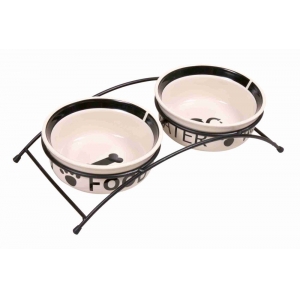 Food/Water bowl set, ceramic/metal, 2 × 0.6 l/ø 15 cm, white/black