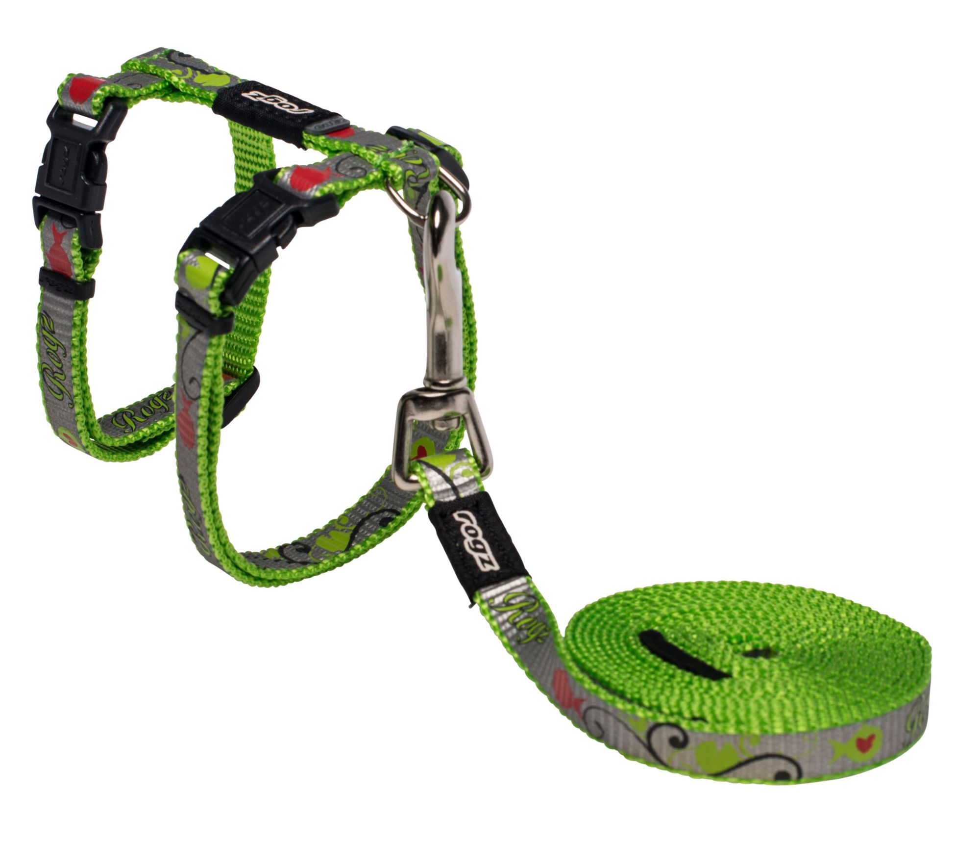 Rogz Catz ReflectoCat 11mm Small Reflective Cat H-Harness and Lead Combination, Lime Fish Design