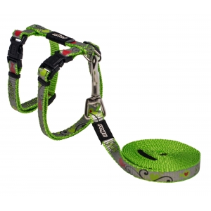 Rogz Catz ReflectoCat 11mm Small Reflective Cat H-Harness and Lead Combination, Lime Fish Design