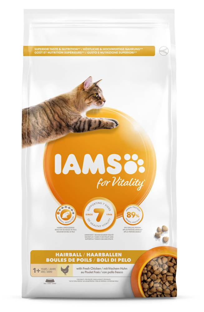 IAMS for Vitality hairball recipe of dry cat food (kibble) for adult and senior cats with fresh chicken 3 kg