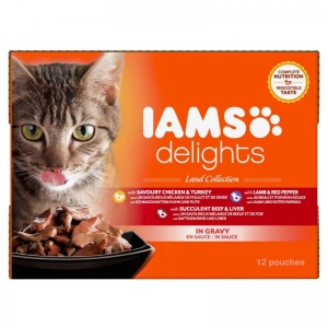 IAMS Delights adult wet cat food (pouches) in a variety of meat flavours - land collection in gravy 1,02 kg