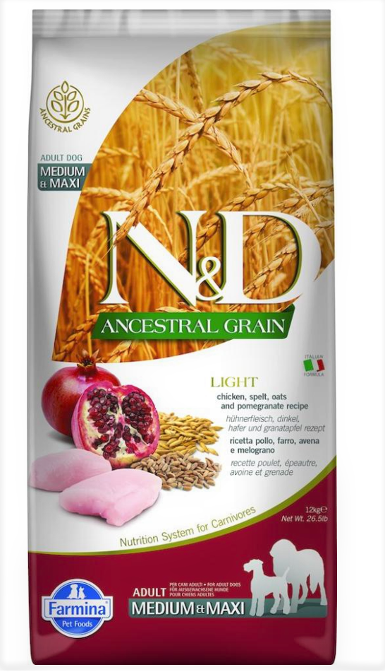 Farmina N&D Ancestral Grain Light Medium & Maxi Adult Chicken 12kg