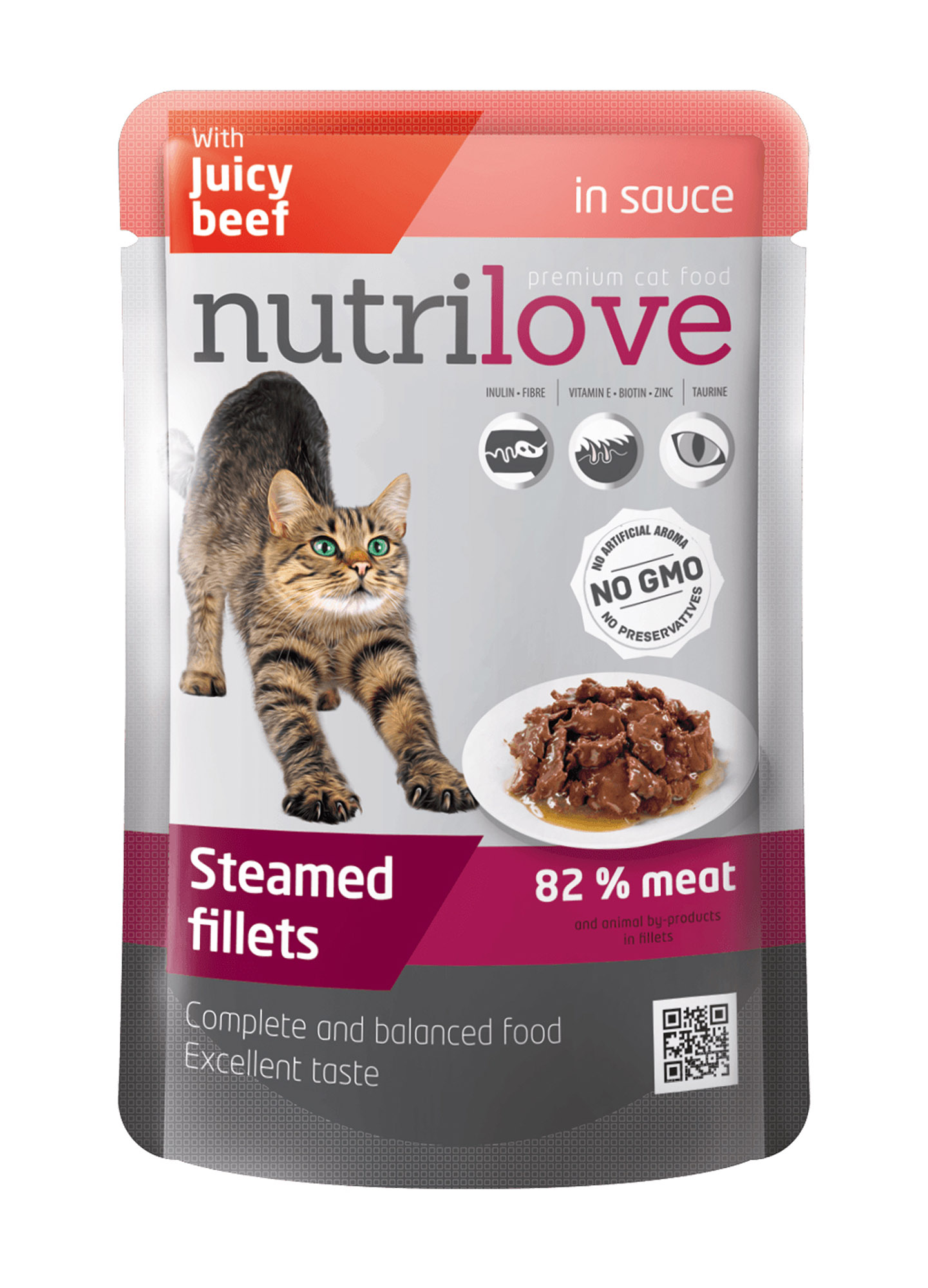 Nutrilove Juicy Beef cat food in sauce 28X85g