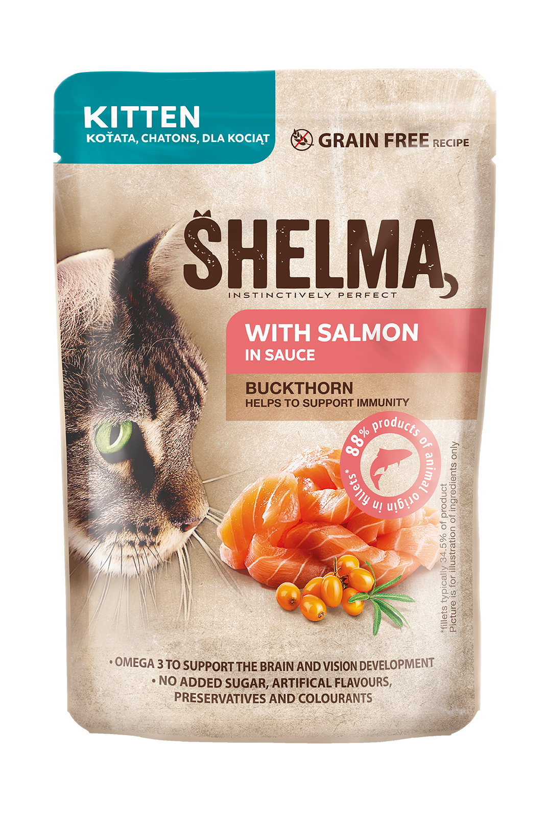 Shelma Kitten, Salmon Fillets and Buckthorn in sauce 28x85g