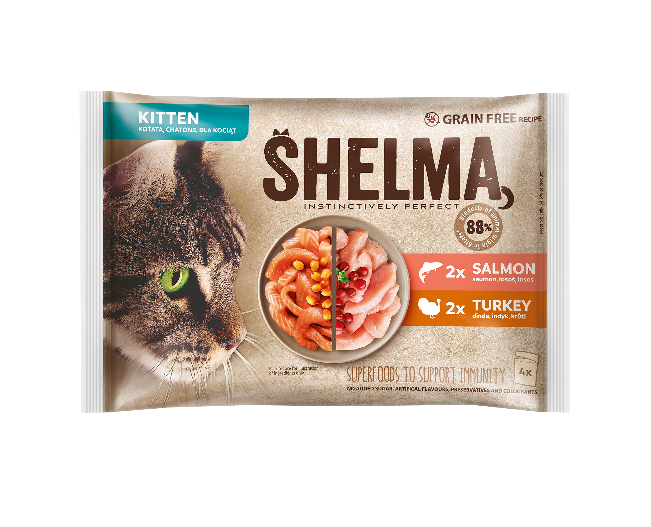 Shelma kassieined KITTEN 4x85g lõhefileed ja kalkunifileed kastmes