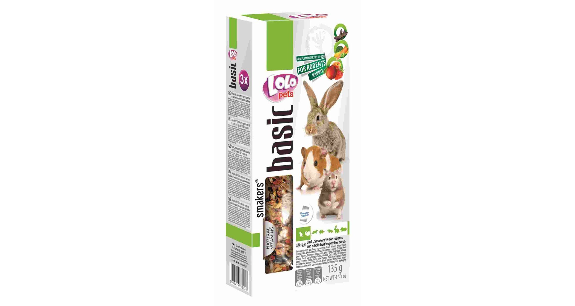 LoLo Pets Smakers 3in1 maiusepulgad närilistele köögiviljade, puuviljade ja jaanikaunadega 3tk 135g