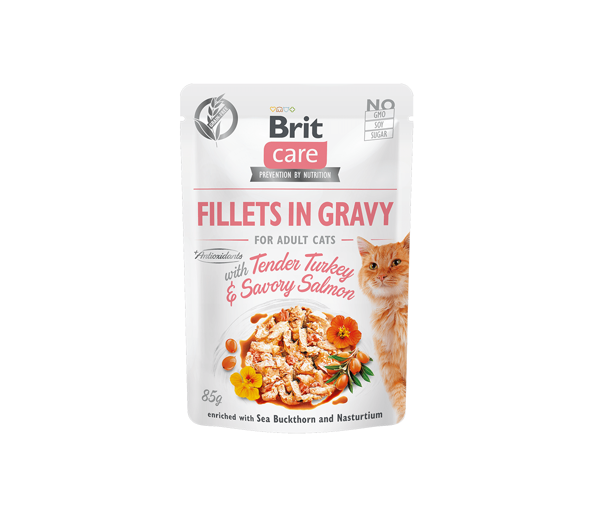 Brit Care Fillets in Gravy Tender Turkey &amp; Savory Salmon märgtoit kassidele 85g