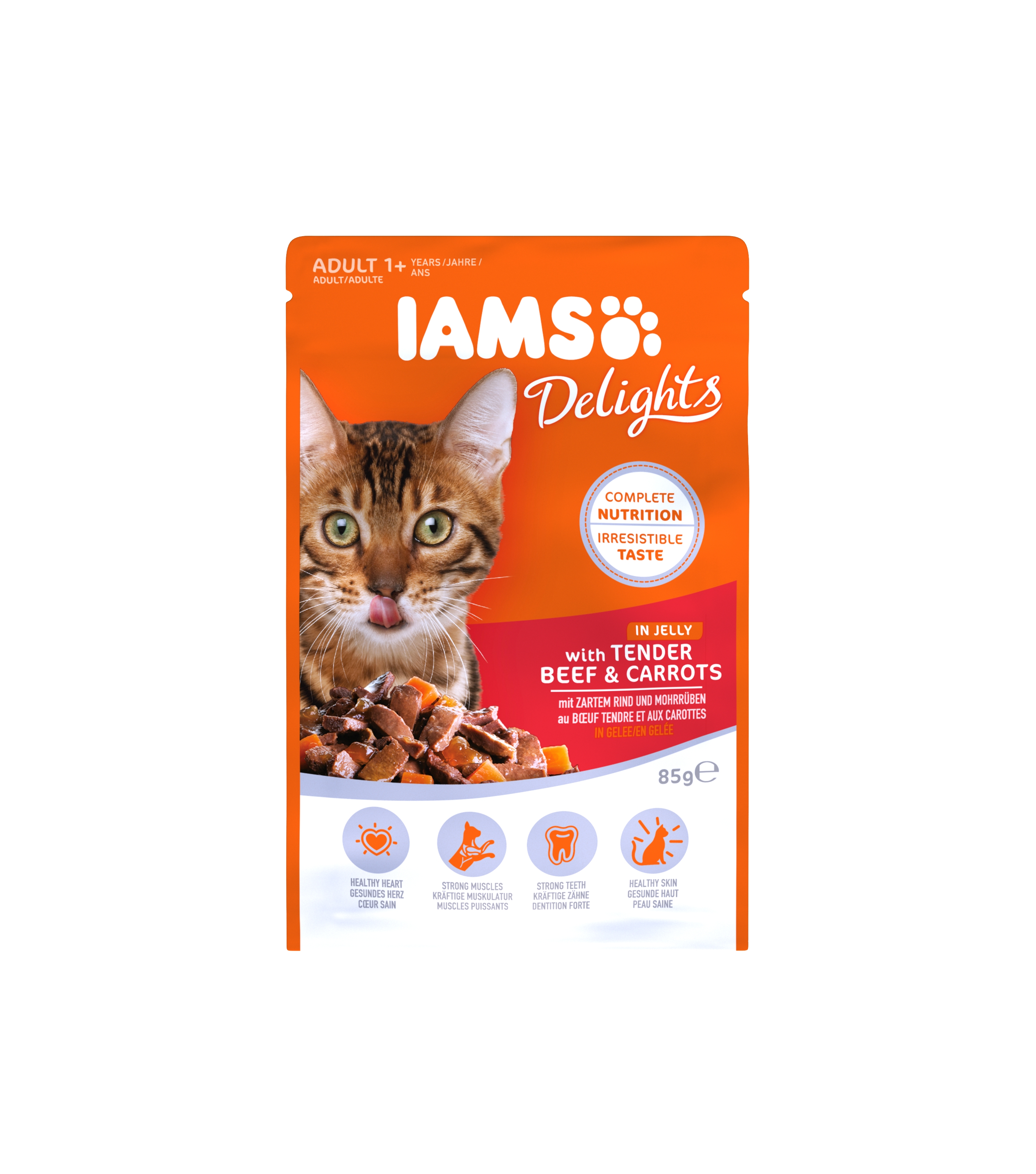 Täissööt (konserv) IAMS Delights täiskasvanutele, maitsva veiseliha ja porgandiga tarretises 85 g