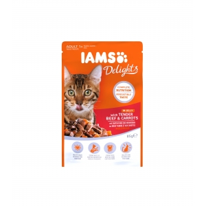 Полноценый корм (консервы) IAMS Delights для взрослых, с нежной говядиной и морковью в желейном соусе