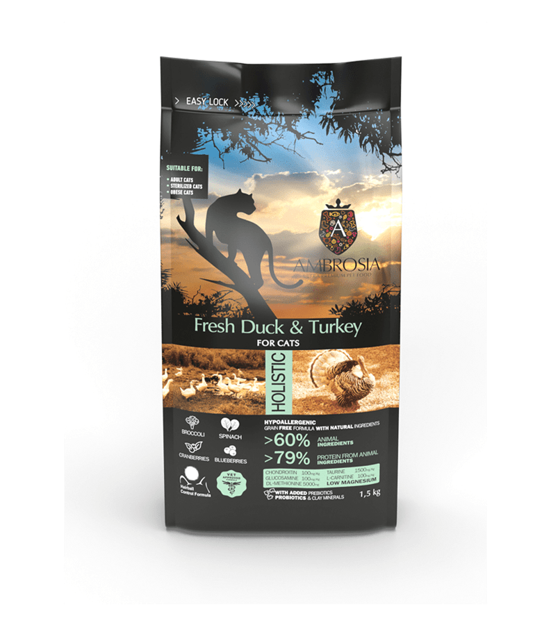 Ambrosia Teraviljavaba Värske Pardi ja Kalkunilihaga kassidele 3kg (2x1,5kg)