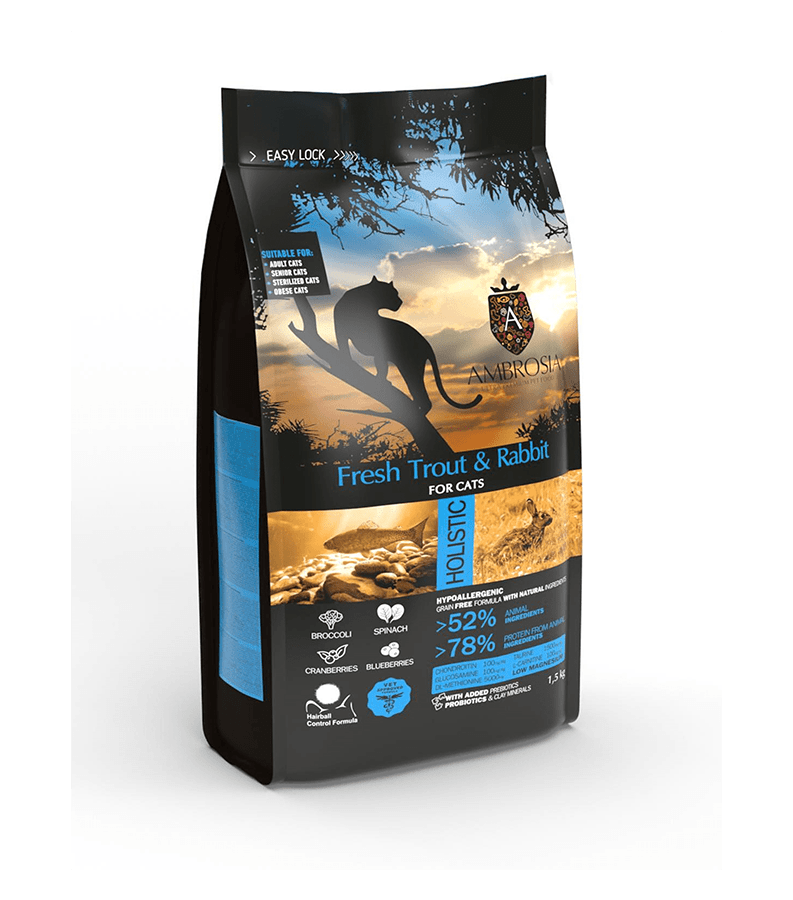 Ambrosia Teraviljavaba Värske Forelli ja Küülikulihaga kassidele 3kg (2x1,5kg)