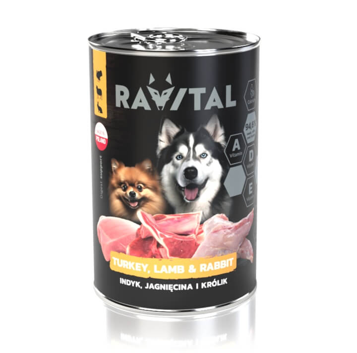 Ravital Turkey, Lamb & Rabbit konserv koerale 400g