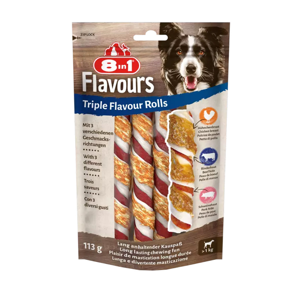 8 in 1 Triple Flavour keeruga närimisrullid, 3 tk,113 g. Täiendsööt täiskasvanud koertele (2-35 kg)